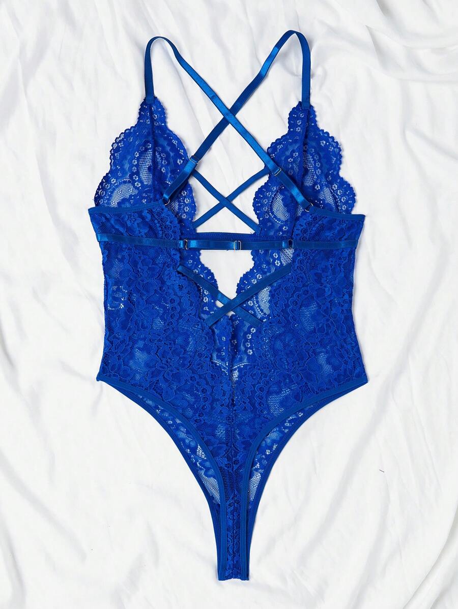 Floral Lace Criss Cross Plunging Teddy Bodysuit-Soco Hoodie
