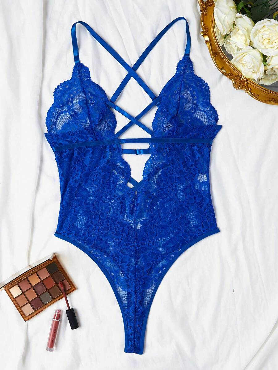 Floral Lace Criss Cross Plunging Teddy Bodysuit-Soco Hoodie