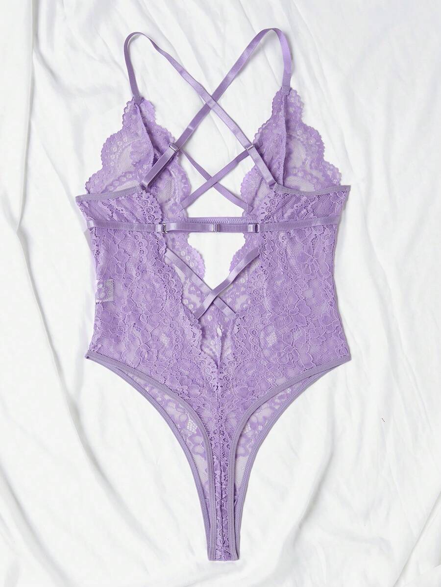 Floral Lace Criss Cross Plunging Teddy Bodysuit-Soco Hoodie