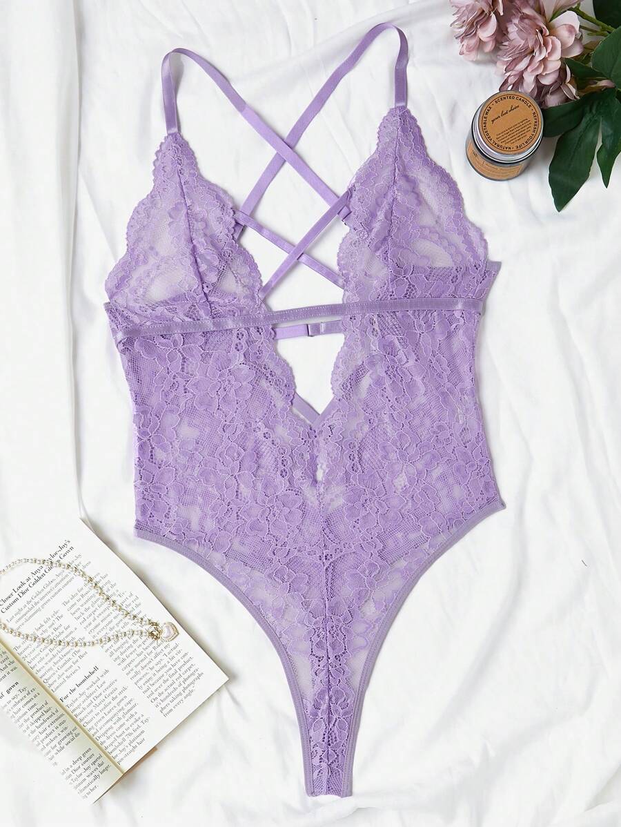 Floral Lace Criss Cross Plunging Teddy Bodysuit-Soco Hoodie