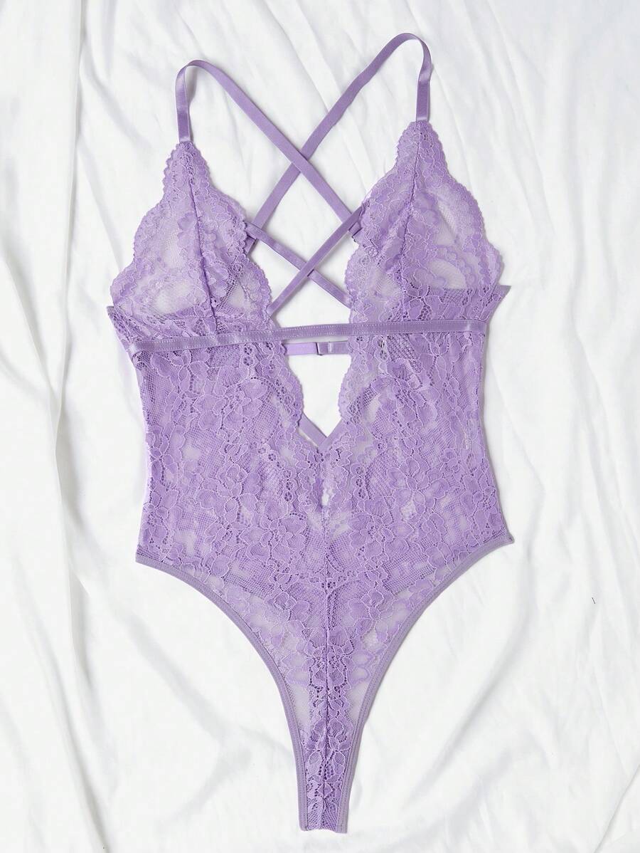 Floral Lace Criss Cross Plunging Teddy Bodysuit-Soco Hoodie