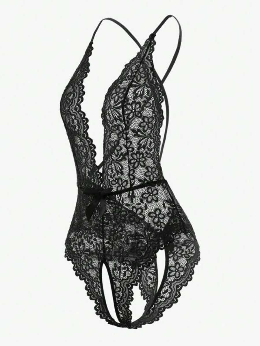 Floral Lace Crotchless Teddy Bodysuit-Soco Hoodie