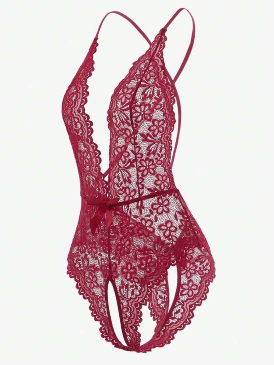 Floral Lace Crotchless Teddy Bodysuit-Soco Hoodie