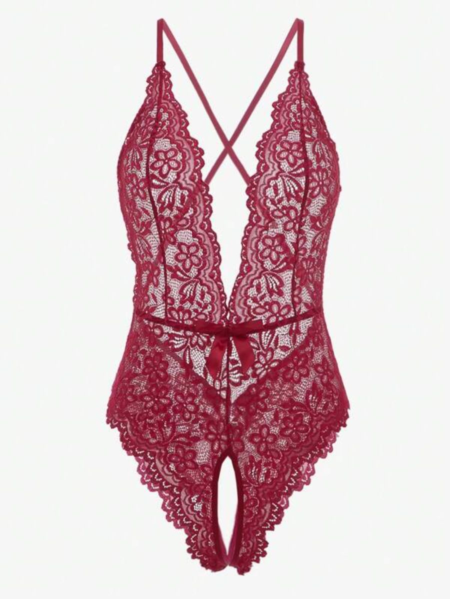 Floral Lace Crotchless Teddy Bodysuit-Soco Hoodie