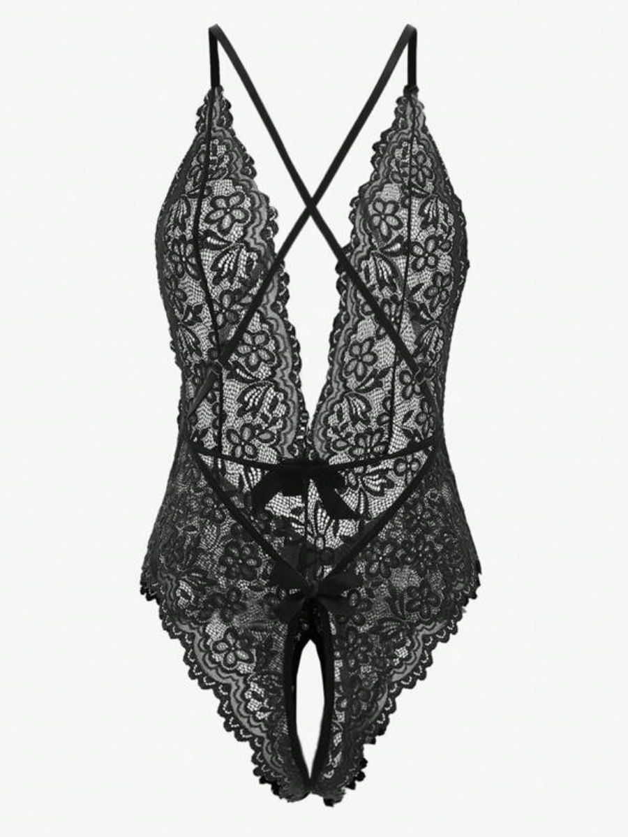 Floral Lace Crotchless Teddy Bodysuit-Soco Hoodie