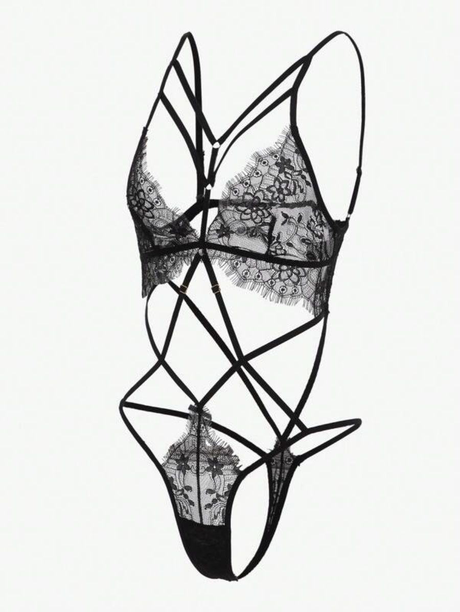 Floral Lace Harness Bodysuit-Soco Hoodie