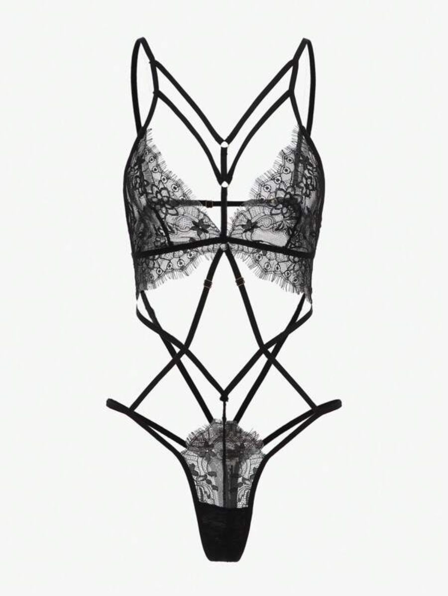 Floral Lace Harness Bodysuit-Soco Hoodie