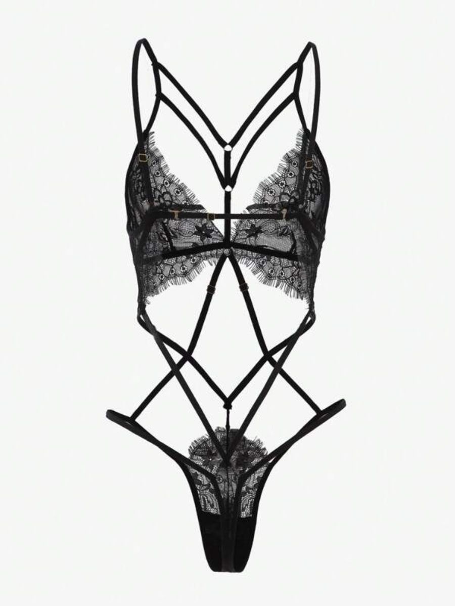 Floral Lace Harness Bodysuit-Soco Hoodie