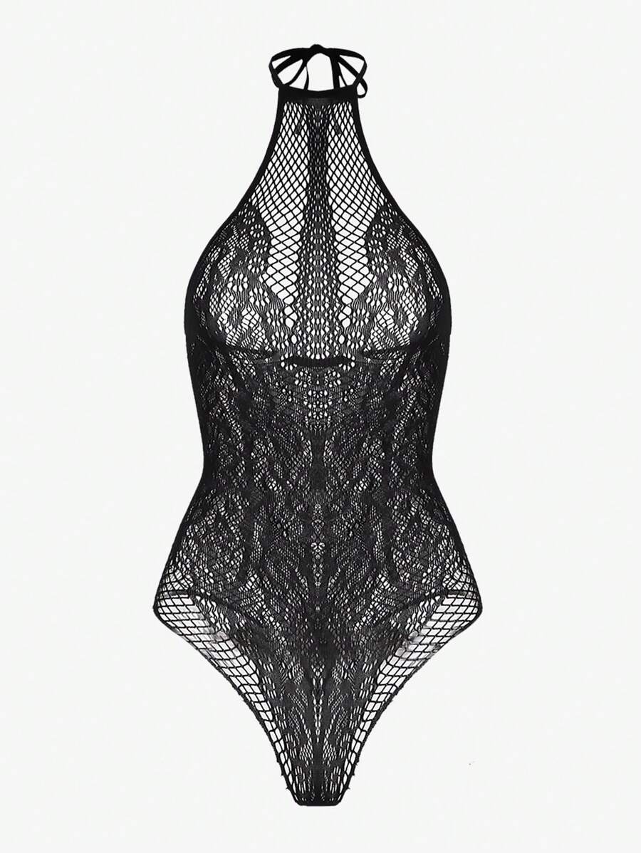 Floral Lace Halter Teddy Bodysuit-Soco Hoodie