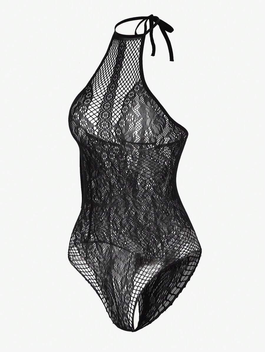 Floral Lace Halter Teddy Bodysuit-Soco Hoodie