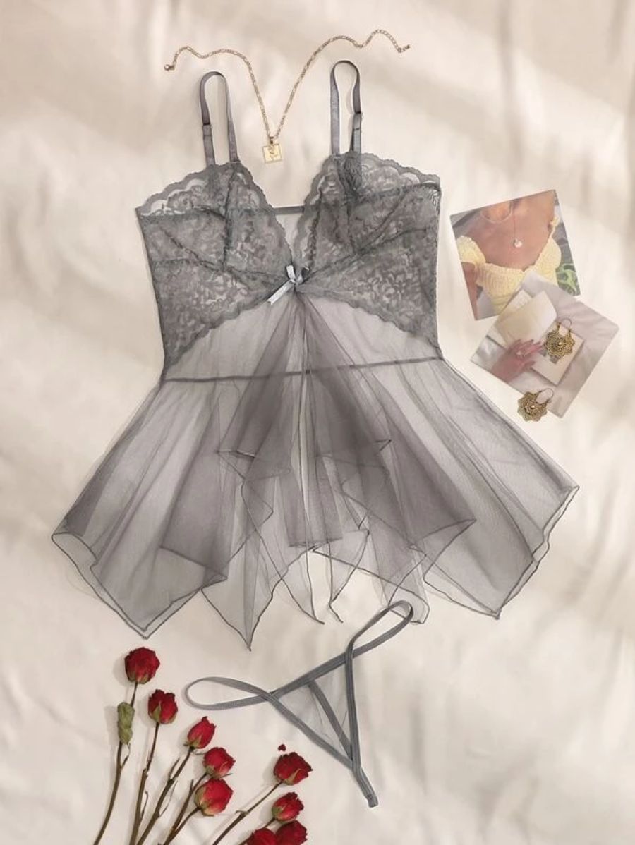 Floral Lace Pattern Mesh Slips With Thong-Soco Hoodie