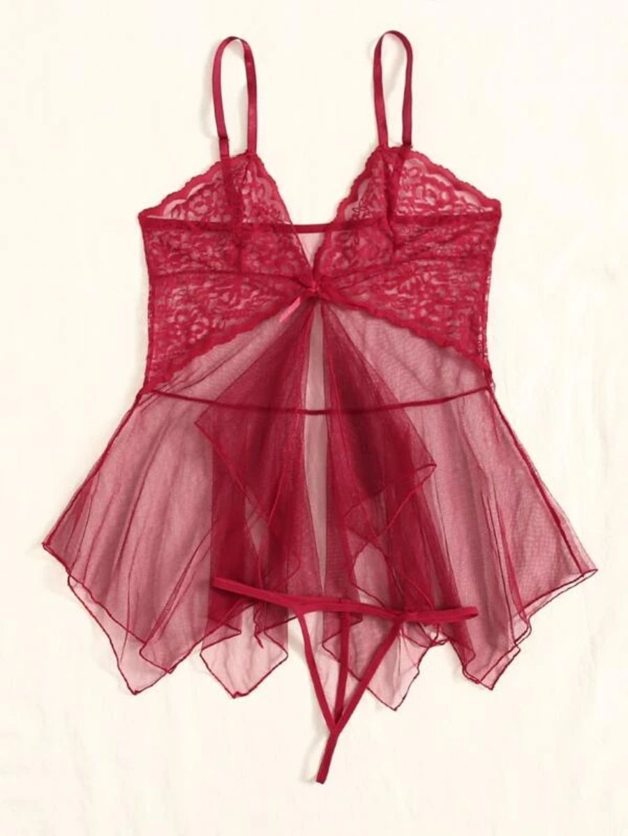 Floral Lace Pattern Mesh Slips With Thong-Soco Hoodie