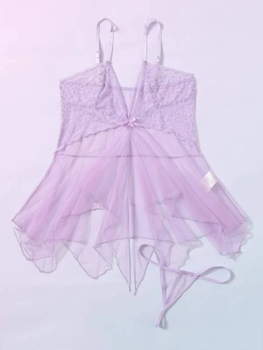 Floral Lace Pattern Mesh Slips With Thong-Soco Hoodie