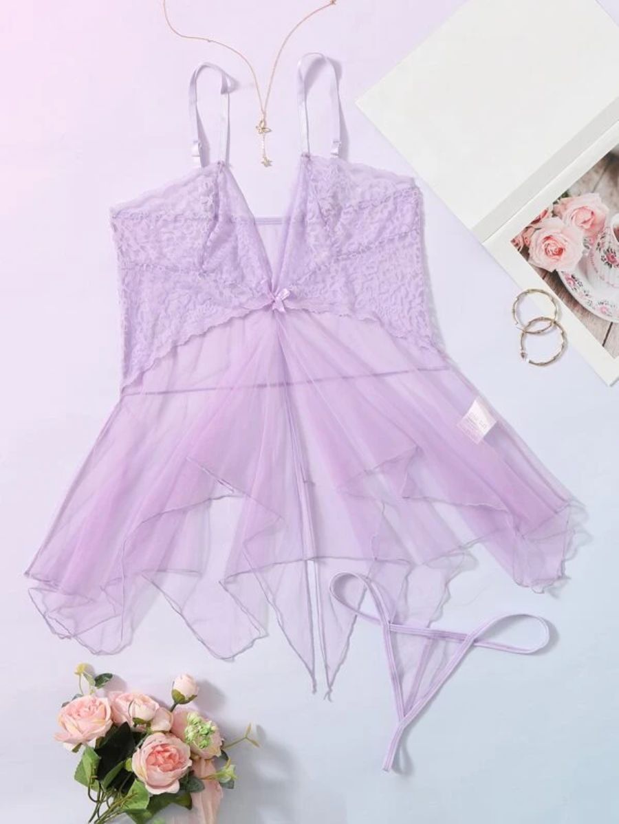 Floral Lace Pattern Mesh Slips With Thong-Soco Hoodie