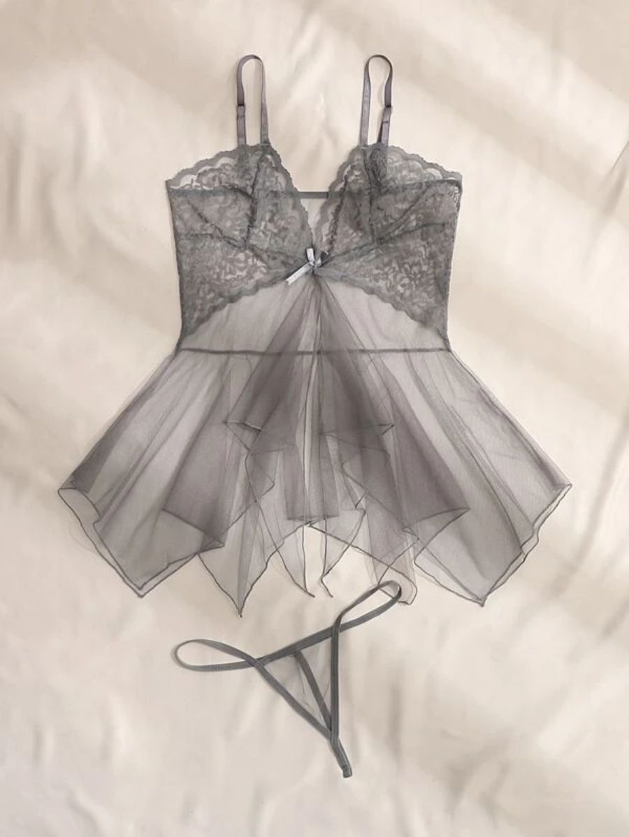 Floral Lace Pattern Mesh Slips With Thong-Soco Hoodie