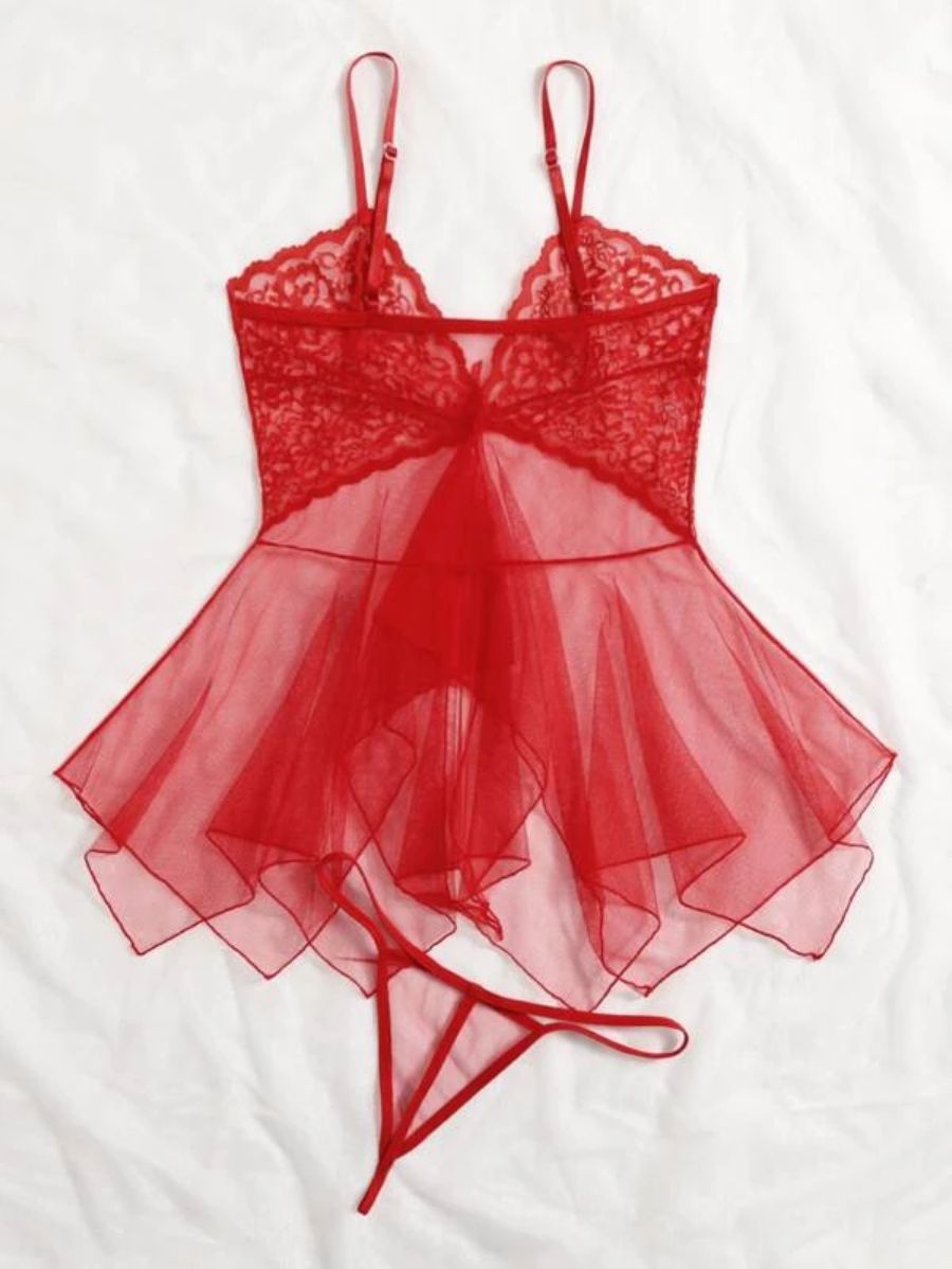 Floral Lace Pattern Mesh Slips With Thong-Soco Hoodie