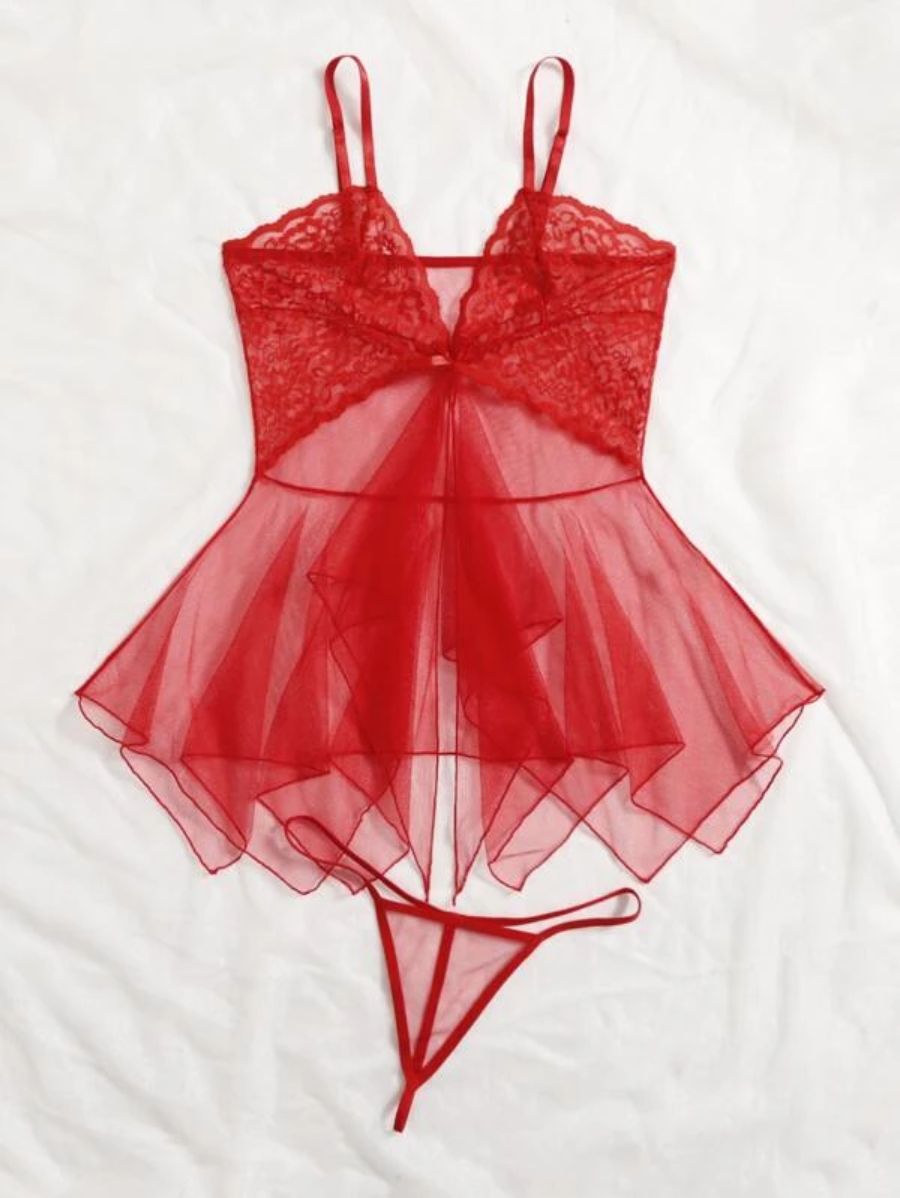 Floral Lace Pattern Mesh Slips With Thong-Soco Hoodie