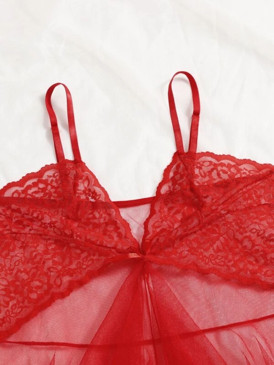 Floral Lace Pattern Mesh Slips With Thong-Soco Hoodie