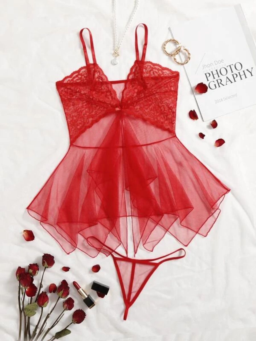 Floral Lace Pattern Mesh Slips With Thong-Soco Hoodie