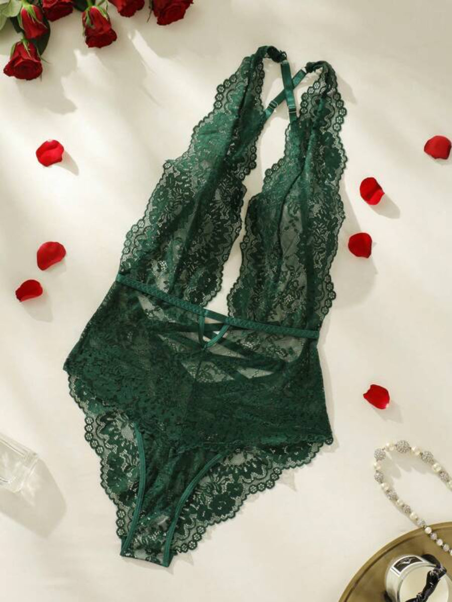 Floral Lace Plunging Teddy Backless Bodysuit-Soco Hoodie