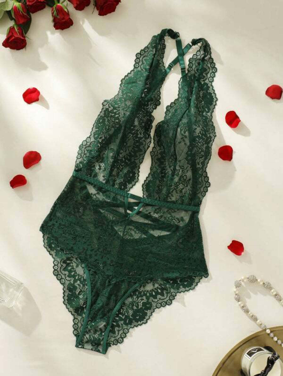 Floral Lace Plunging Teddy Backless Bodysuit-Soco Hoodie