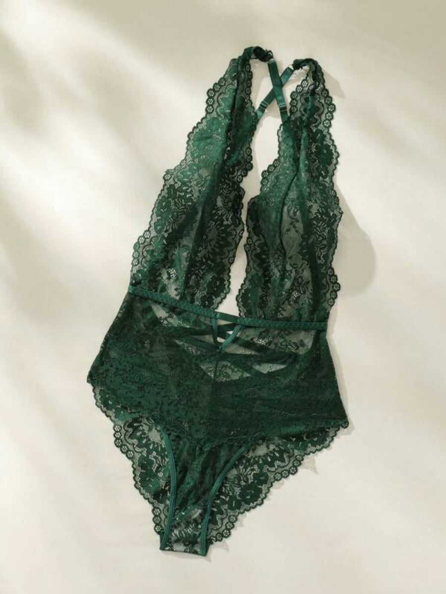 Floral Lace Plunging Teddy Backless Bodysuit-Soco Hoodie