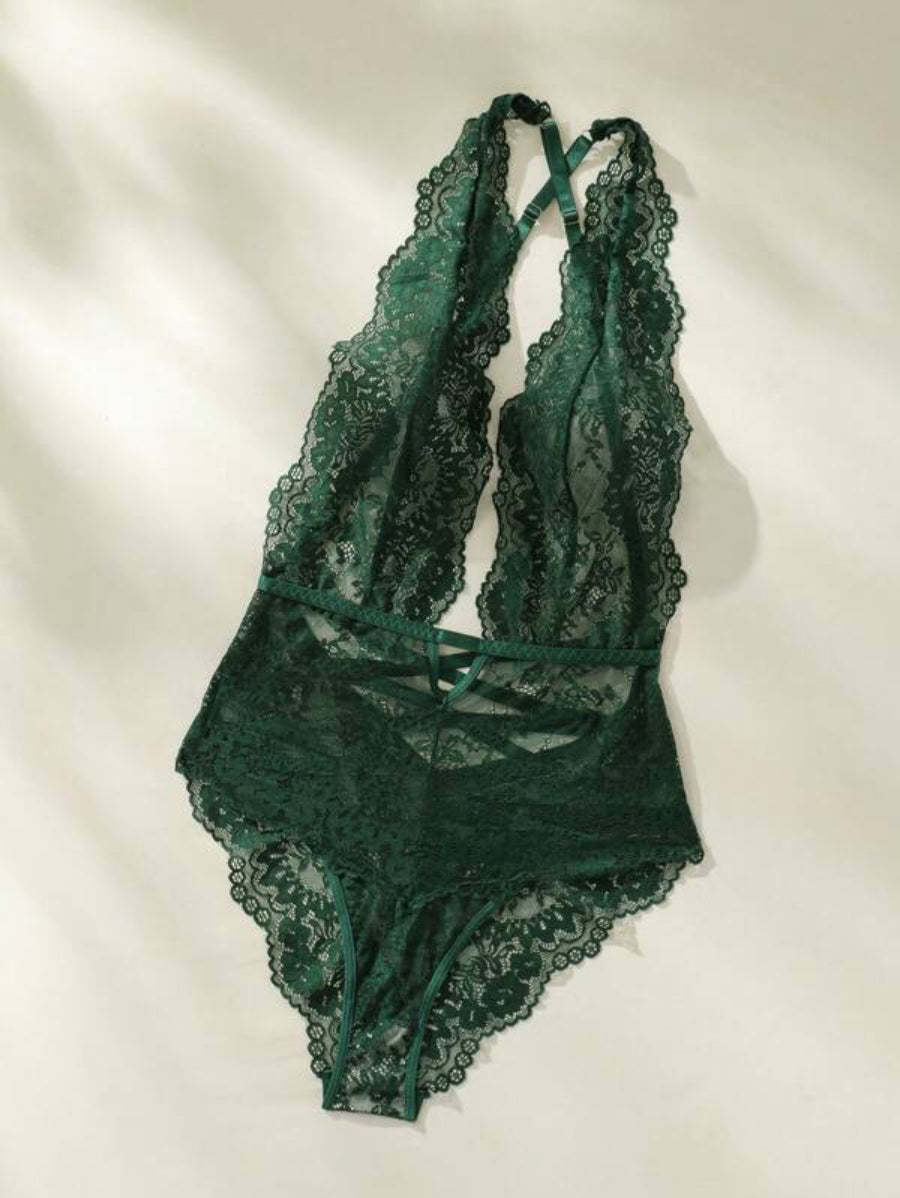 Floral Lace Plunging Teddy Backless Bodysuit-Soco Hoodie