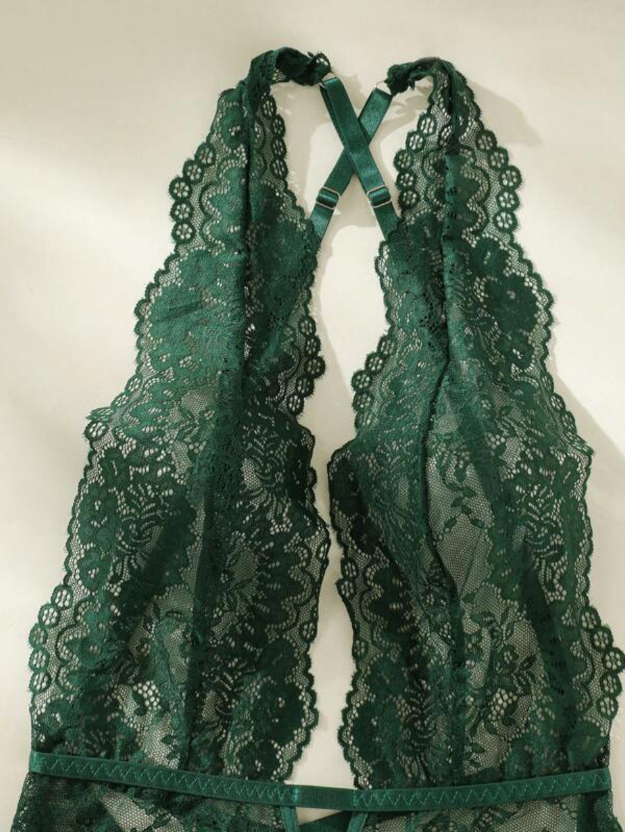 Floral Lace Plunging Teddy Backless Bodysuit-Soco Hoodie