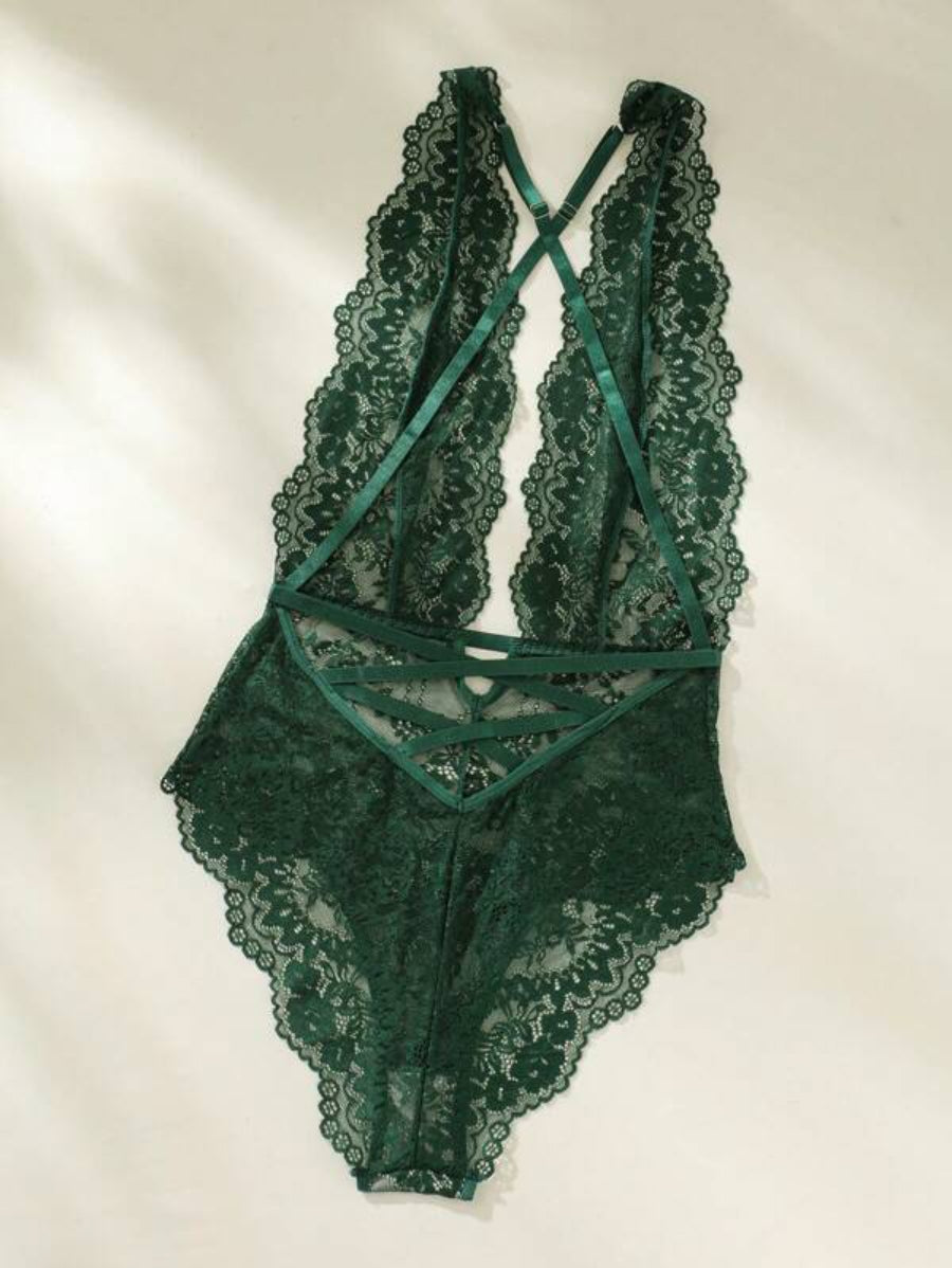 Floral Lace Plunging Teddy Backless Bodysuit-Soco Hoodie