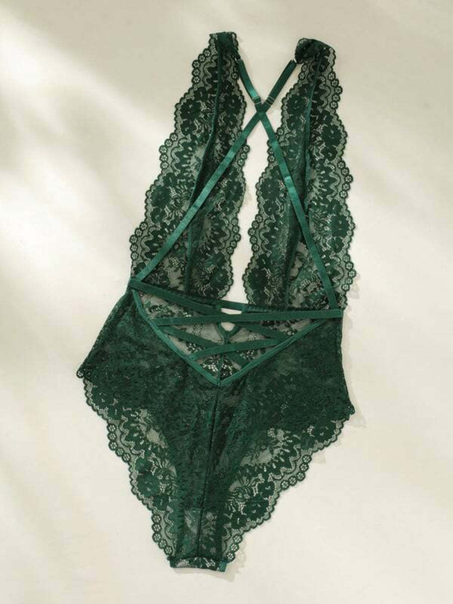 Floral Lace Plunging Teddy Backless Bodysuit-Soco Hoodie