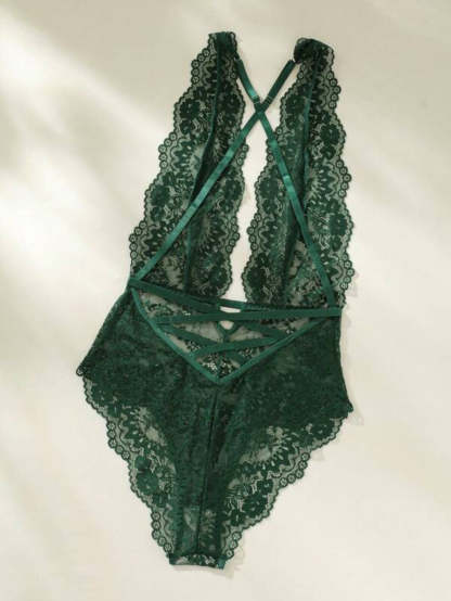 Floral Lace Plunging Teddy Backless Bodysuit-Soco Hoodie