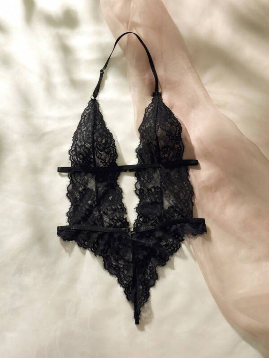 Floral Lace Plunging Teddy Bodysuit-Soco Hoodie