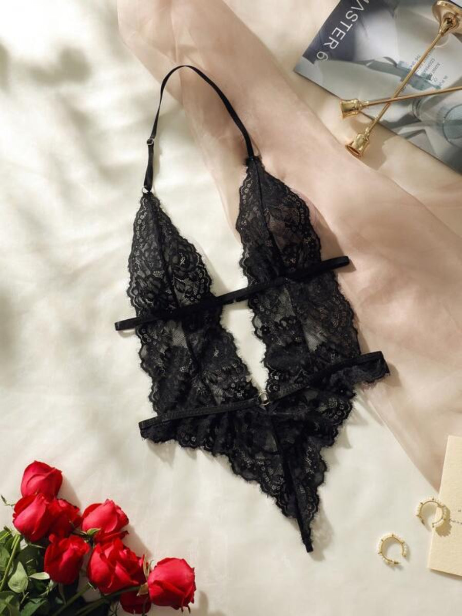 Floral Lace Plunging Teddy Bodysuit-Soco Hoodie