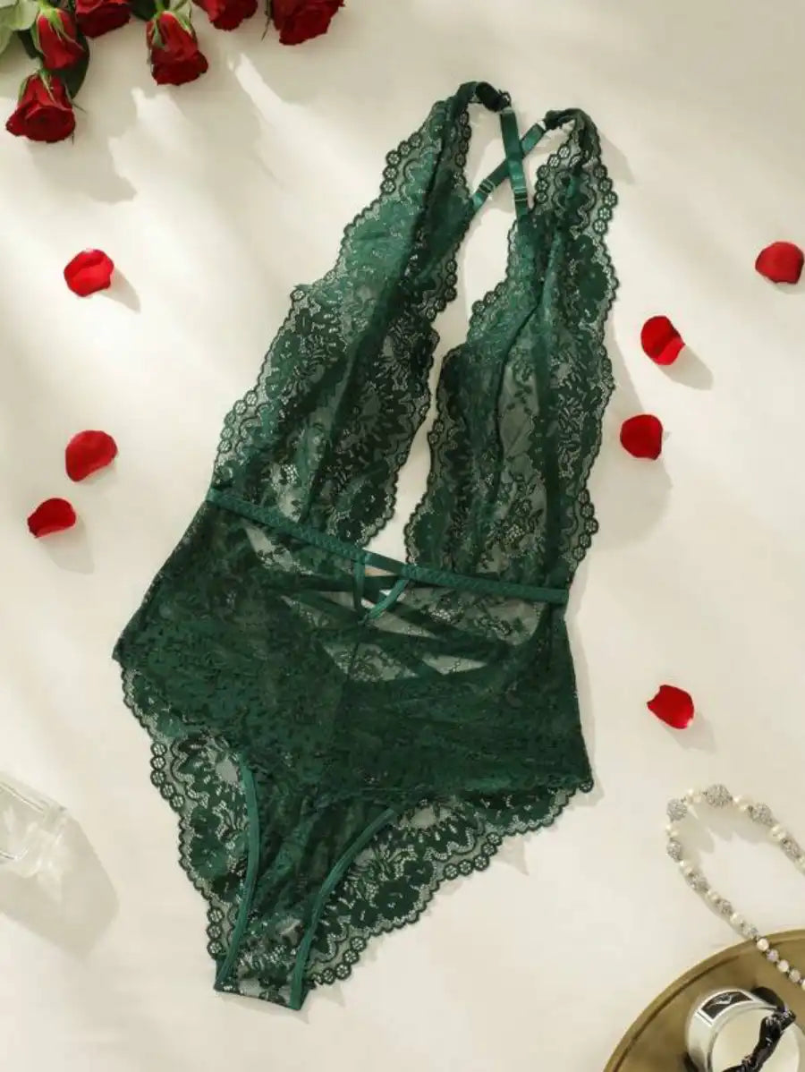 Floral Lace Plunging Teddy Bodysuit-Soco Hoodie