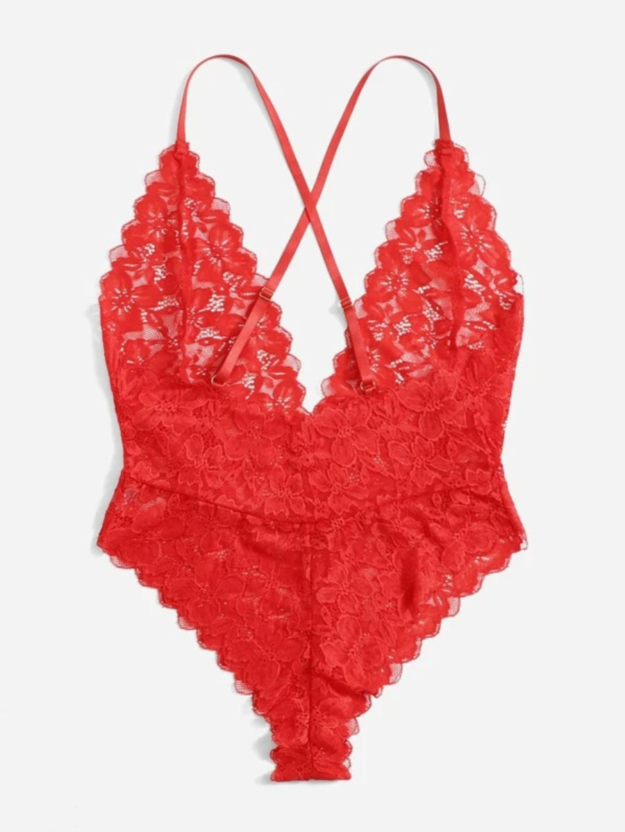 Floral Lace Plunging Teddy Bralettes Bodysuit-Soco Hoodie
