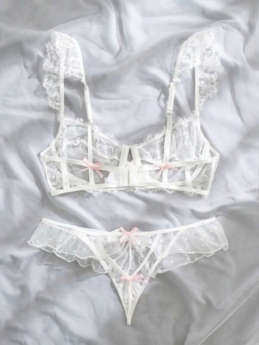 Floral Lace Ruffle Trim Underwire Lingerie Set-Soco Hoodie