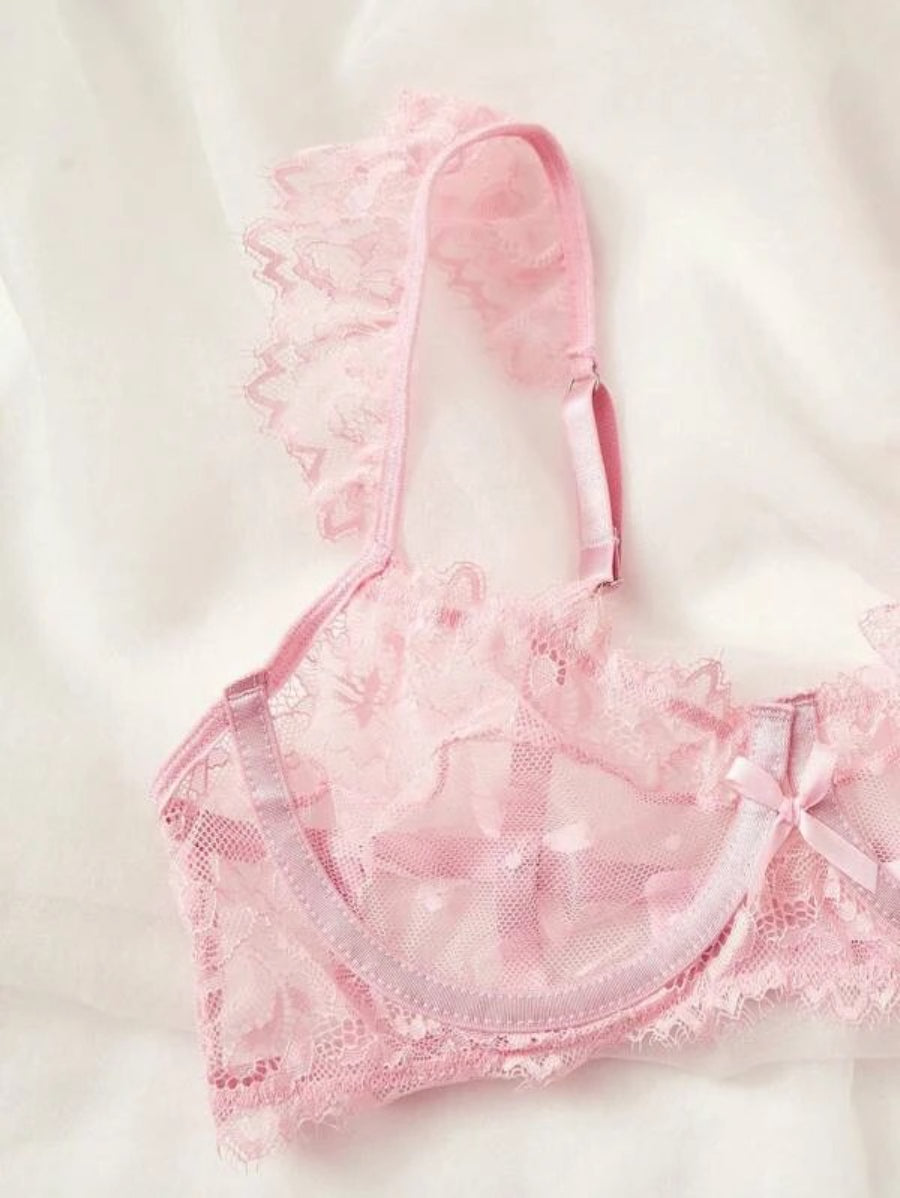 Floral Lace Ruffle Trim Underwire Lingerie Set-Soco Hoodie