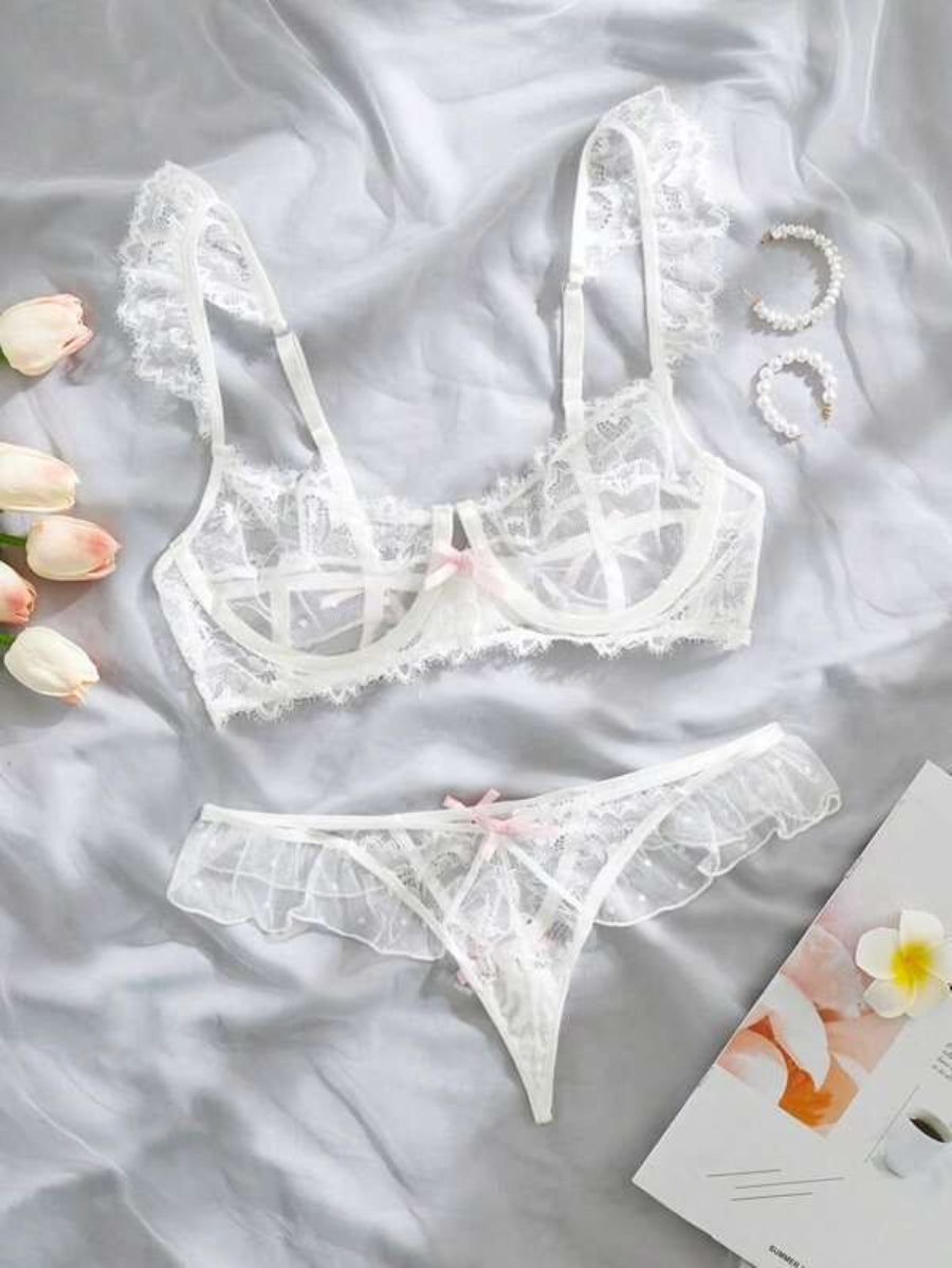 Floral Lace Ruffle Trim Underwire Lingerie Set-Soco Hoodie