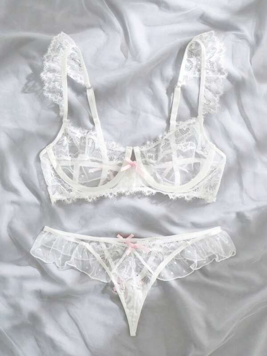 Floral Lace Ruffle Trim Underwire Lingerie Set-Soco Hoodie