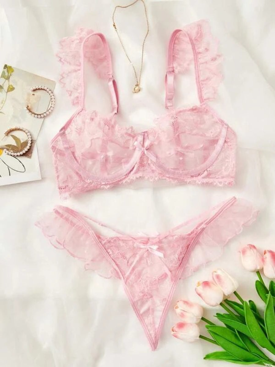 Floral Lace Ruffle Trim Underwire Lingerie Set-Soco Hoodie