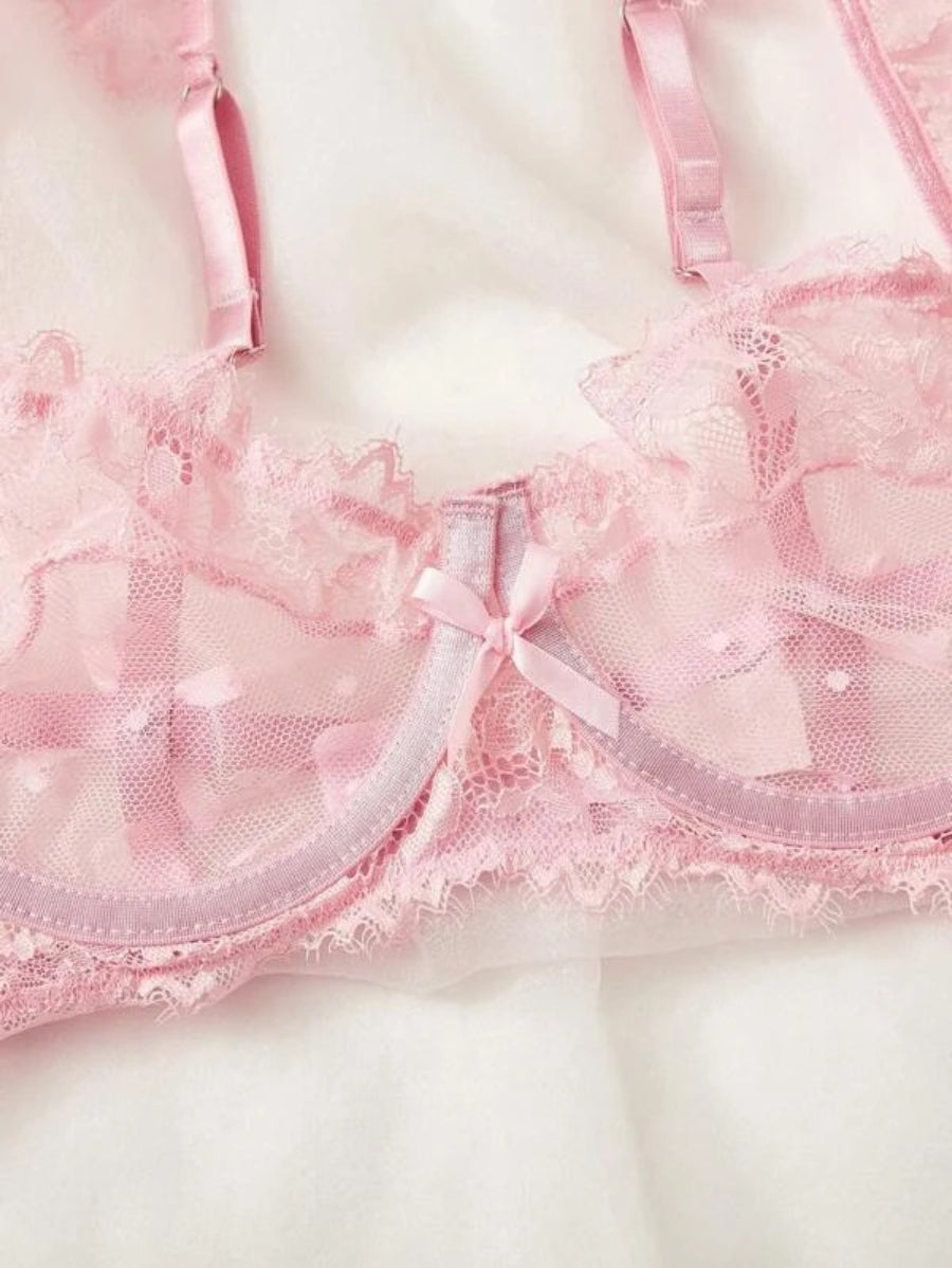 Floral Lace Ruffle Trim Underwire Lingerie Set-Soco Hoodie