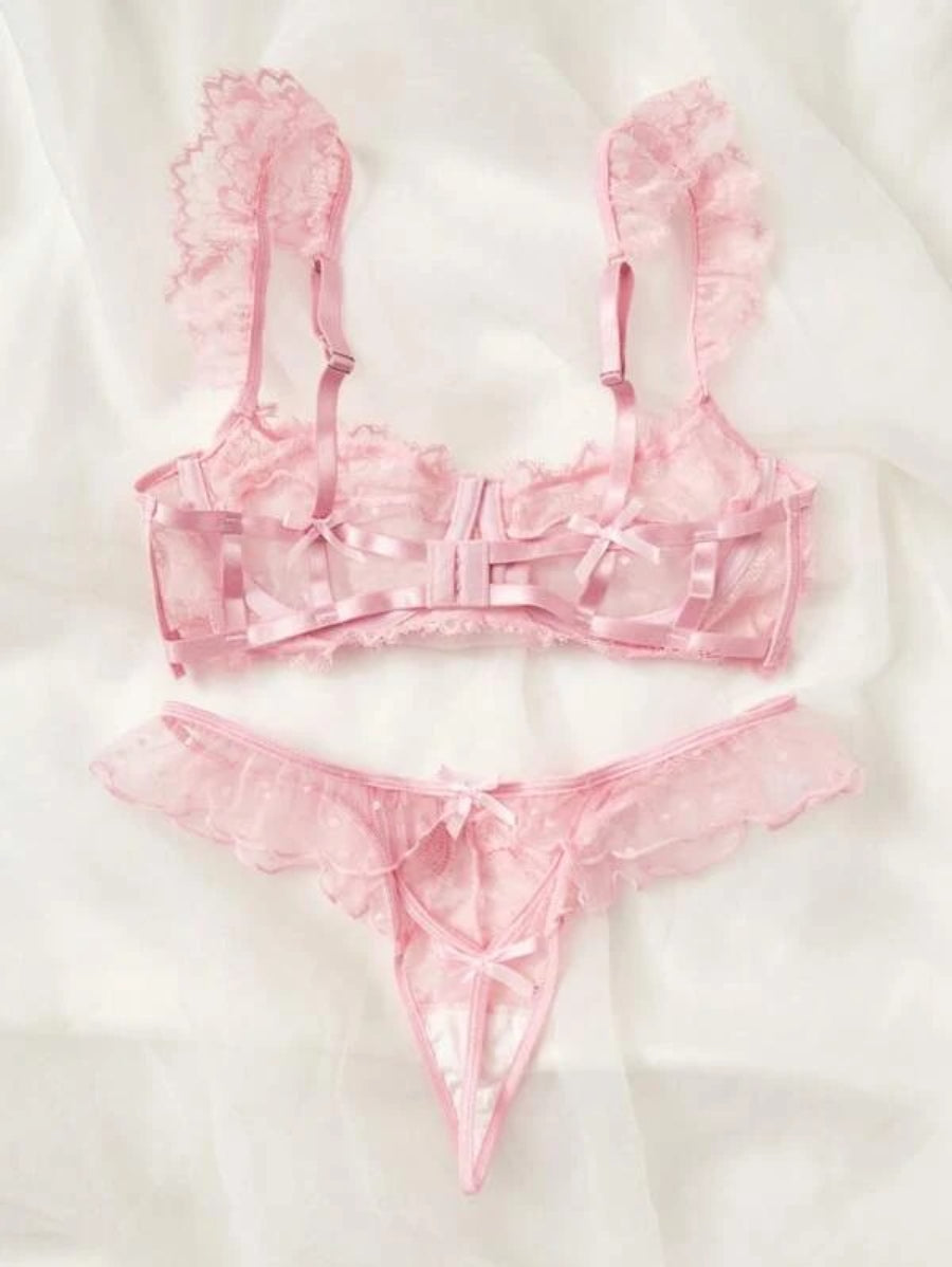 Floral Lace Ruffle Trim Underwire Lingerie Set-Soco Hoodie