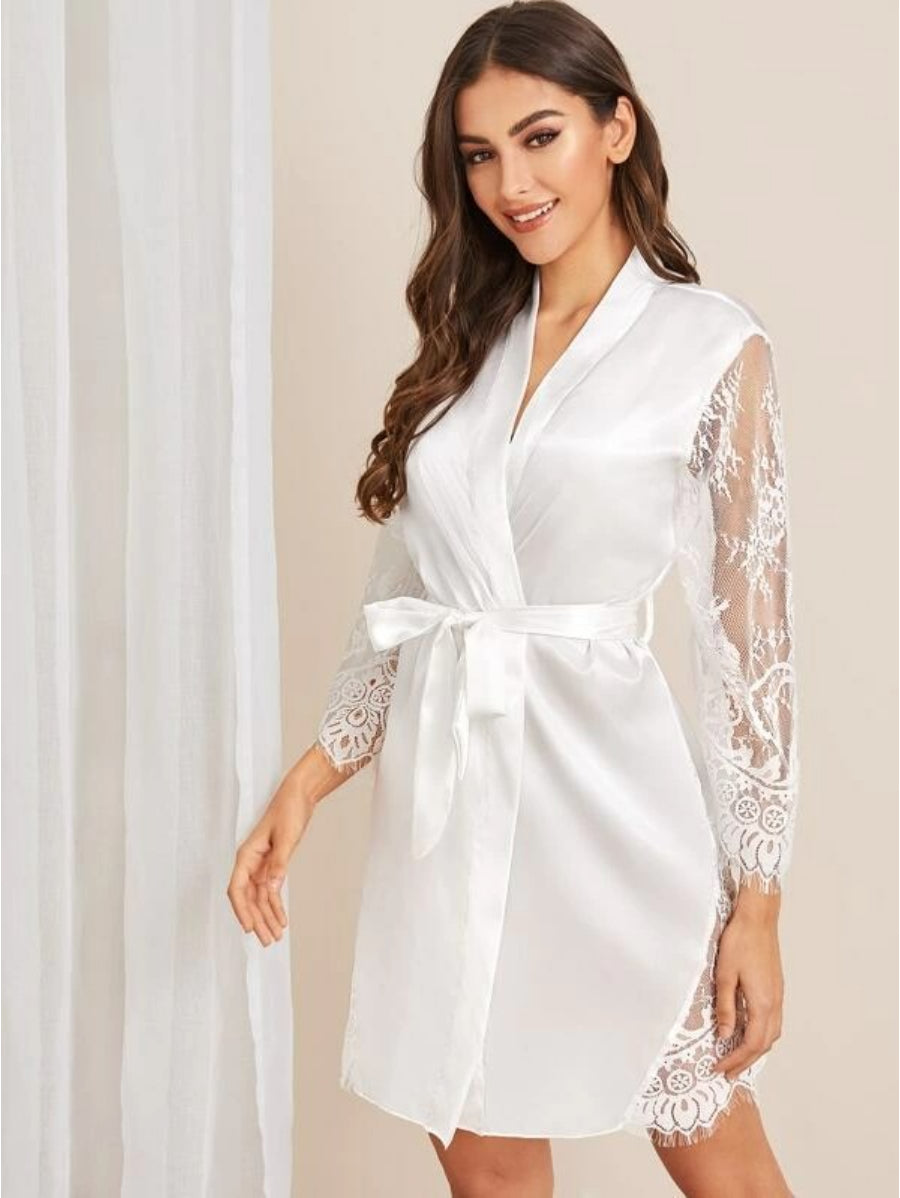 Floral Lace Satin Belted Robe-Soco Hoodie