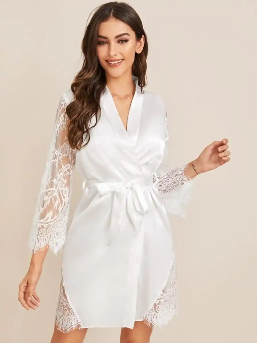 Floral Lace Satin Belted Robe-Soco Hoodie