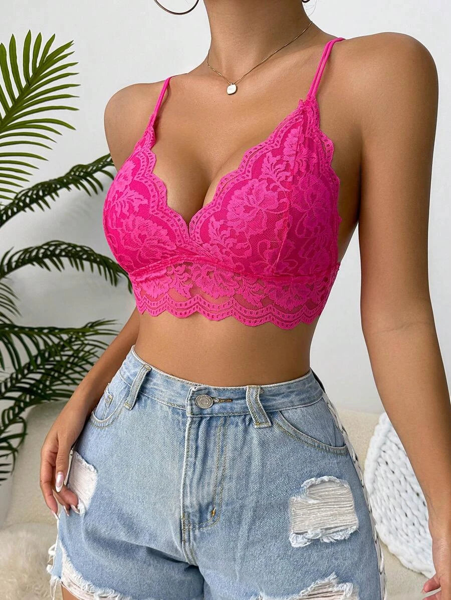 Floral Lace Scallop Trim Bralette-Soco Hoodie