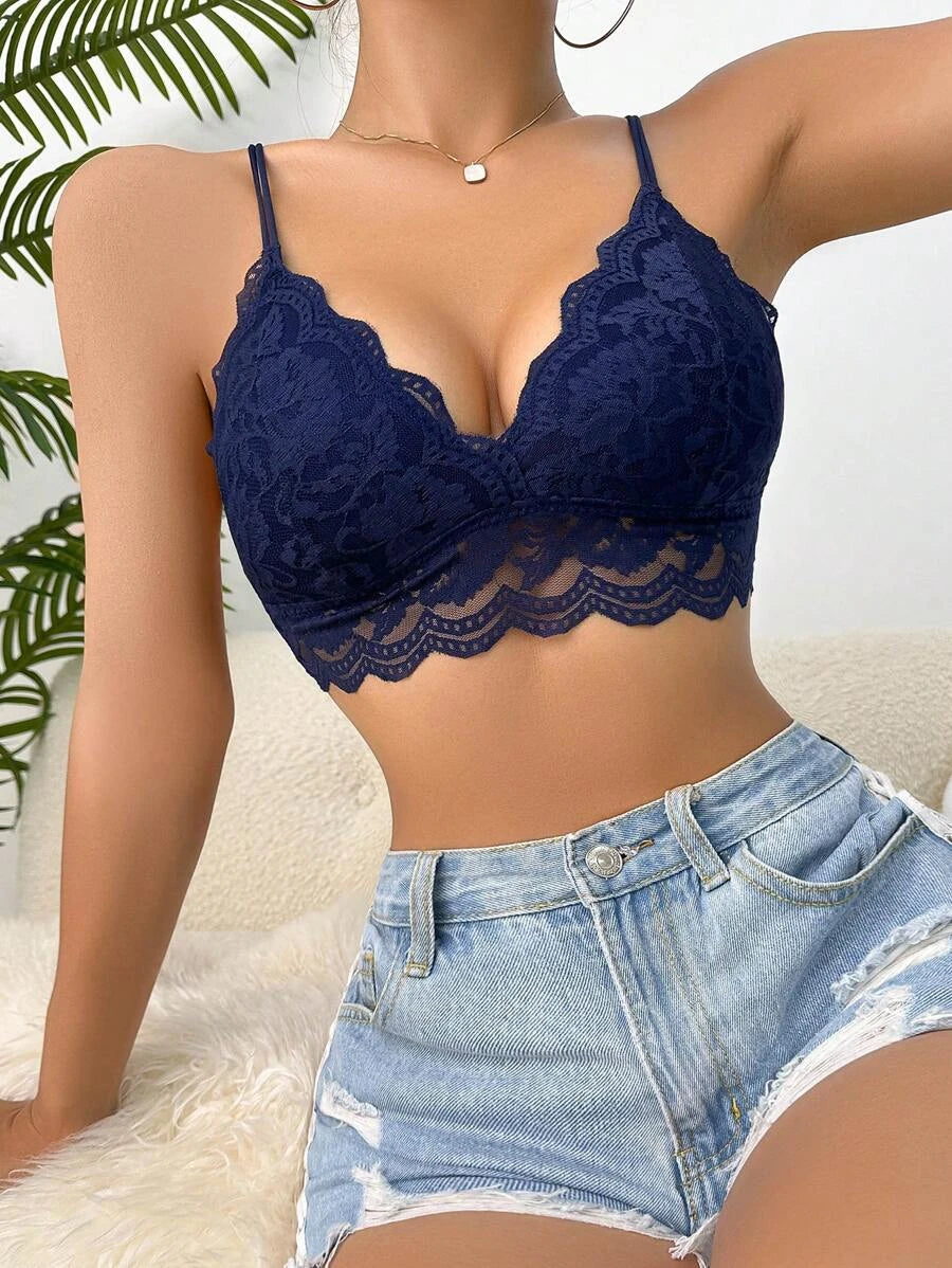 Floral Lace Scallop Trim Bralette-Soco Hoodie