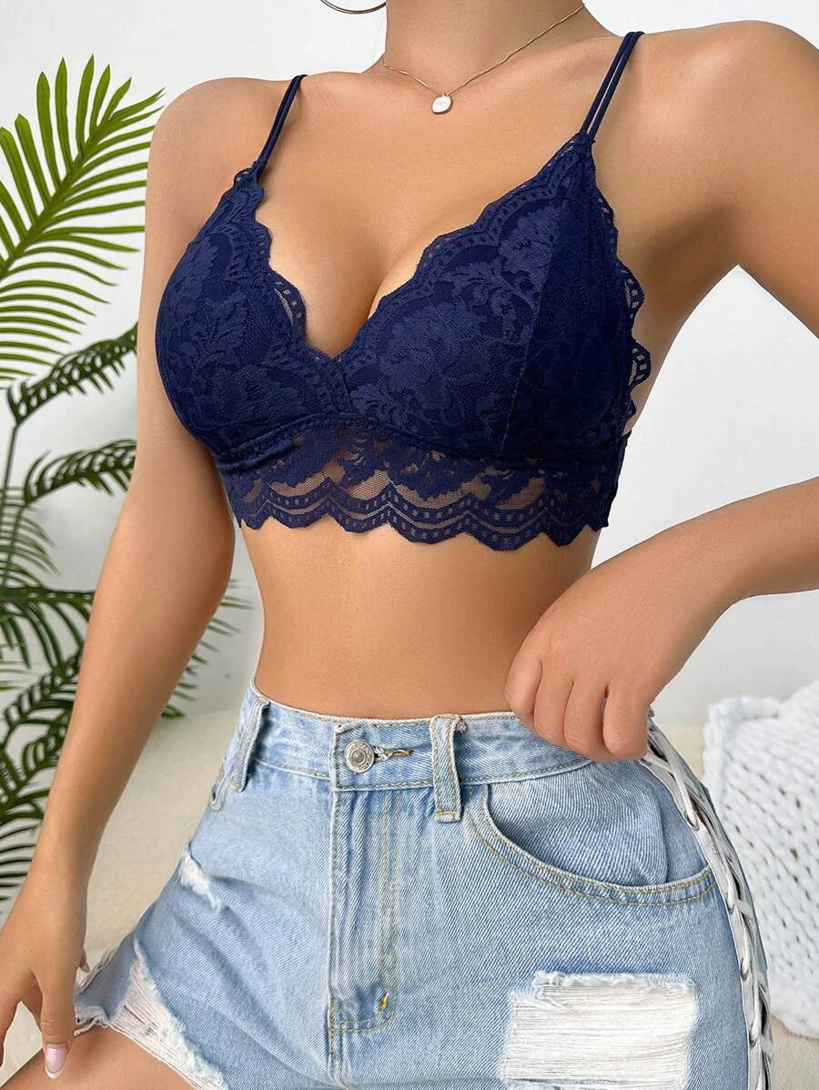 Floral Lace Scallop Trim Bralette-Soco Hoodie