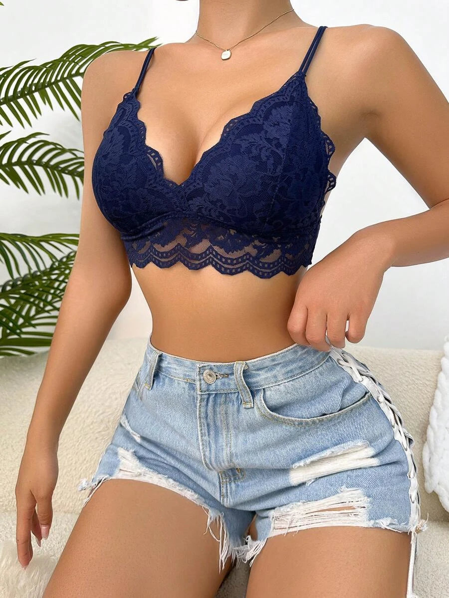 Floral Lace Scallop Trim Bralette-Soco Hoodie