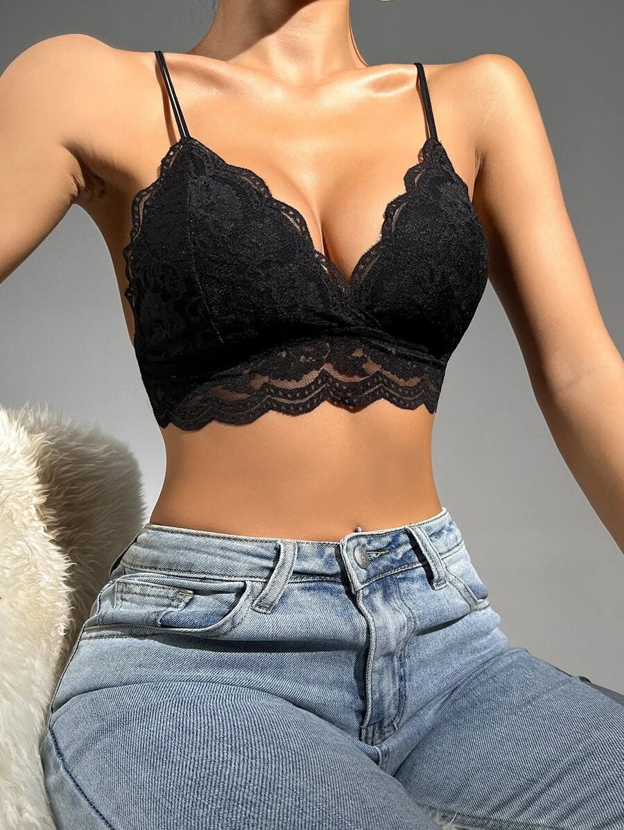 Floral Lace Scallop Trim Bralette-Soco Hoodie