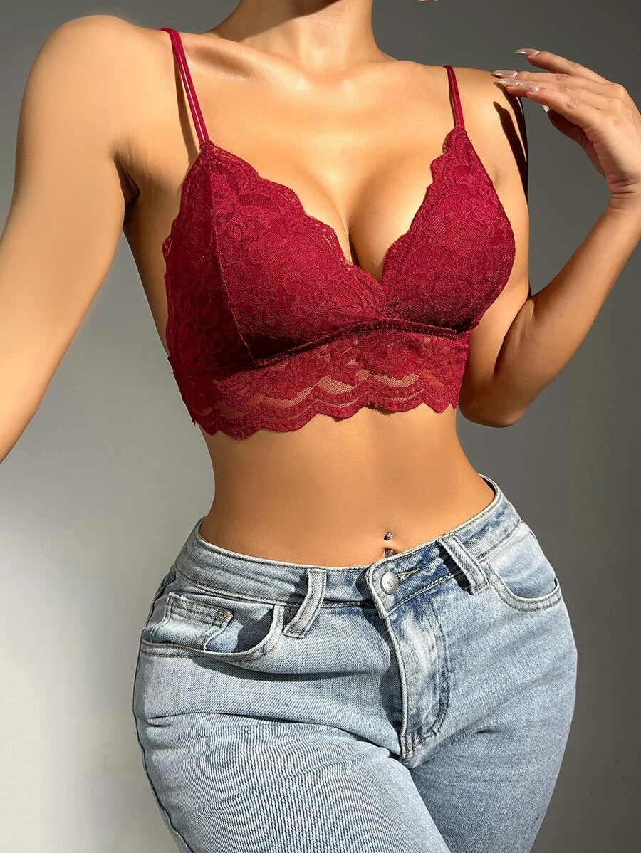 Floral Lace Scallop Trim Bralette-Soco Hoodie